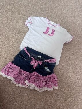 Kiddie corral  Tee with Pink Trim & Denim Skirt with Pink Bandana Ruffle